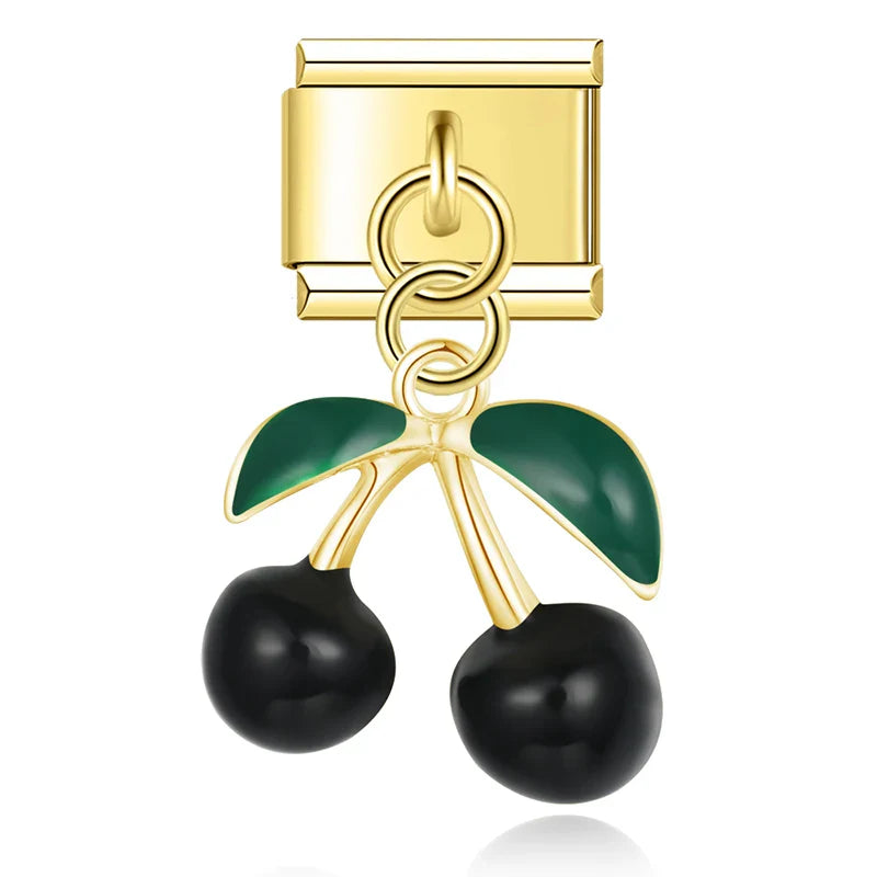 Gold black cherries dangle Italian charm, by Charmtastic
