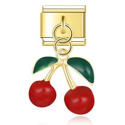 Gold red cherries dangle Italian charm, by Charmtastic