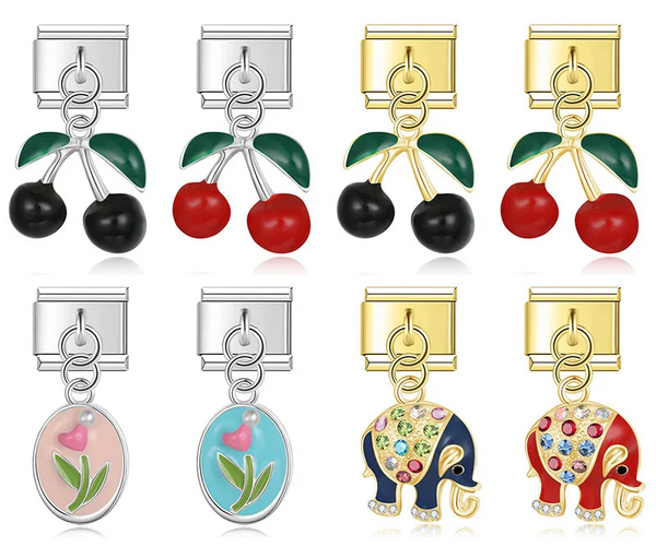 Cherry, tulip and elephant dangle Italian charms, by Charmtastic