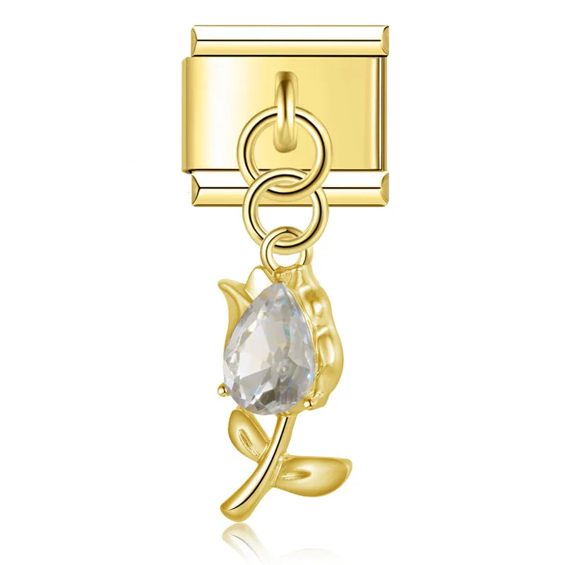 Tulip Flower gemstone charms silver&gold – clear gemstone tulip flower charm in gold, Italian charm bracelet charm by Charmtastic