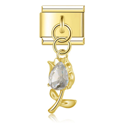 Tulip Flower gemstone charms silver&gold – clear gemstone tulip flower charm in gold, Italian charm bracelet charm by Charmtastic