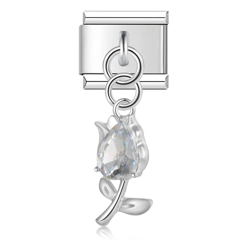 Tulip Flower gemstone charms silver&gold – clear gemstone tulip flower charm in silver, Italian charm bracelet charm by Charmtastic