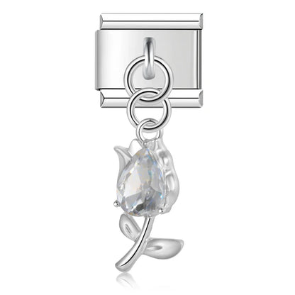Tulip Flower gemstone charms silver&gold – clear gemstone tulip flower charm in silver, Italian charm bracelet charm by Charmtastic