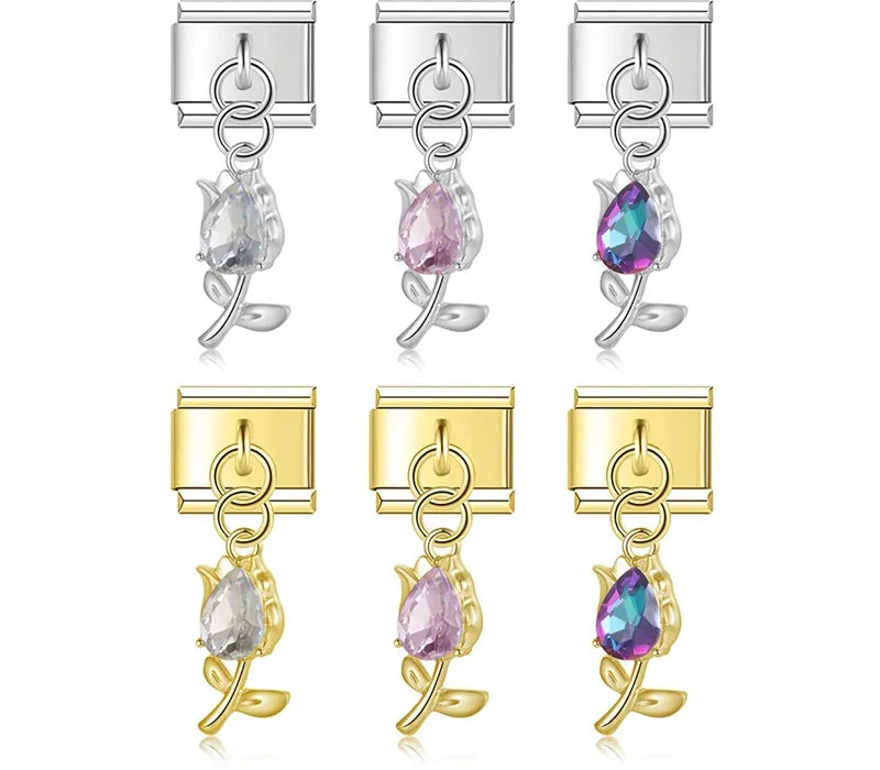 Tulip Flower gemstone charms silver&gold – tulip flower charm in clear, pink and rainbow gemstone, silver and gold, Italian charm bracelet charms by Charmtastic