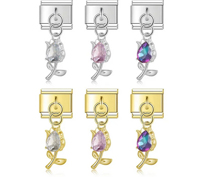 Tulip Flower gemstone charms silver&gold – tulip flower charm in clear, pink and rainbow gemstone, silver and gold, Italian charm bracelet charms by Charmtastic