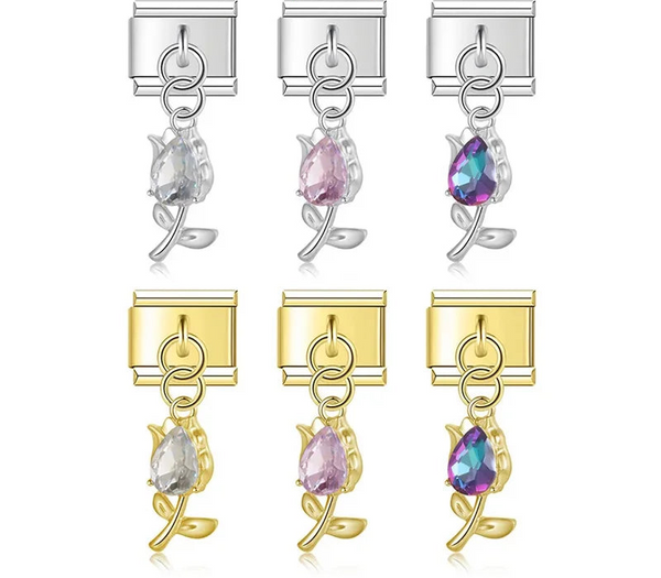 Tulip Flower gemstone charms silver&gold – tulip flower charm in clear, pink and rainbow gemstone, silver and gold, Italian charm bracelet charms by Charmtastic