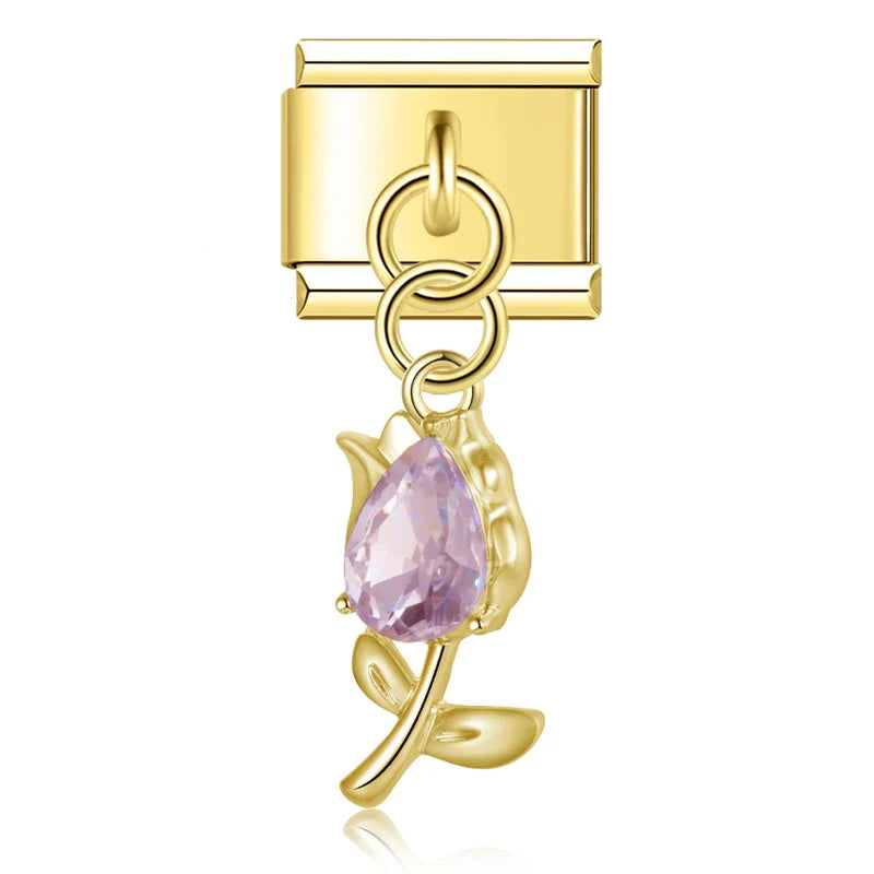 Tulip Flower gemstone charms silver&gold – pink gemstone tulip flower charm in gold, Italian charm bracelet charm by Charmtastic