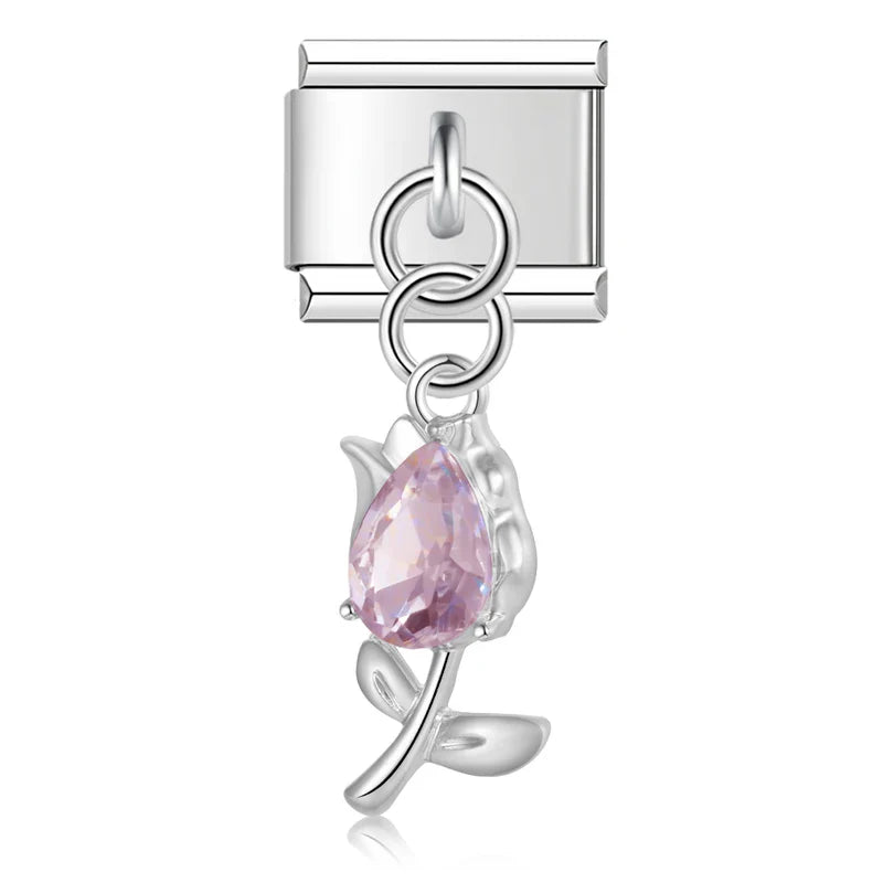 Tulip Flower gemstone charms silver&gold – pink gemstone tulip flower charm in silver, Italian charm bracelet charm by Charmtastic