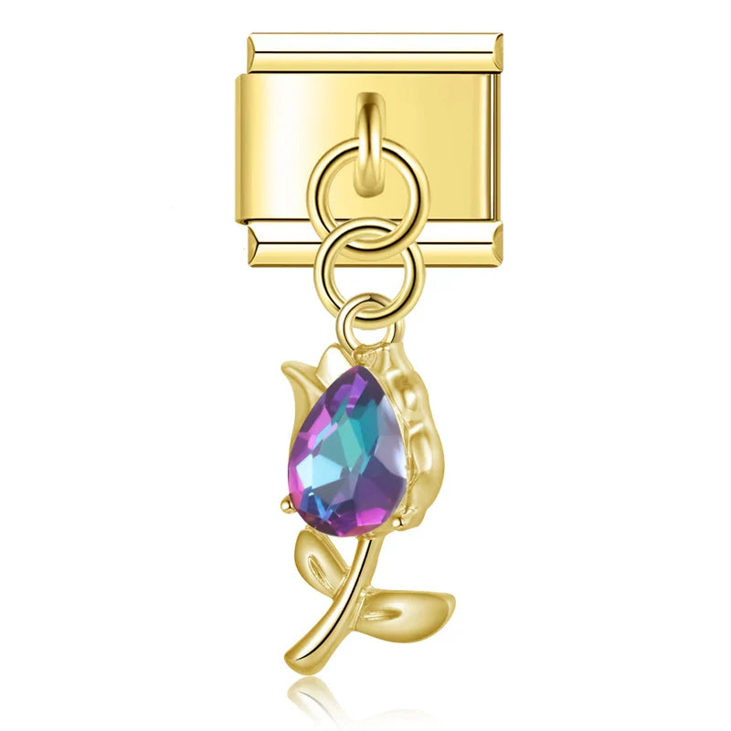 Tulip Flower gemstone charms silver&gold – rainbow mystic gemstone tulip flower charm in gold, Italian charm bracelet charm by Charmtastic
