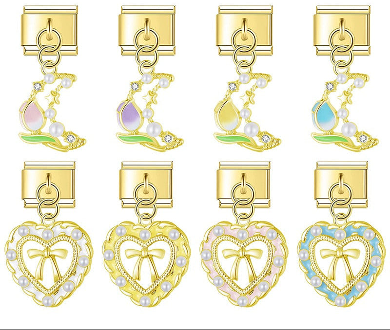 gold Italian charm bracelet link featuring a crescent moon with a tulip and pearl heart dangles for personalized modular jewelry.