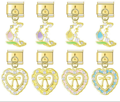 gold Italian charm bracelet link featuring a crescent moon with a tulip and pearl heart dangles for personalized modular jewelry.