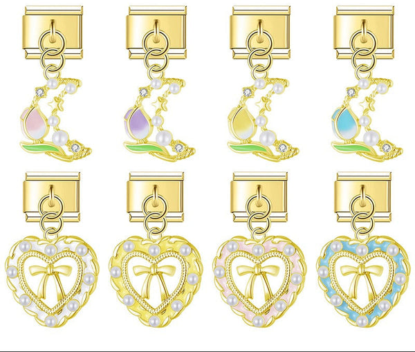 gold Italian charm bracelet link featuring a crescent moon with a tulip and pearl heart dangles for personalized modular jewelry.