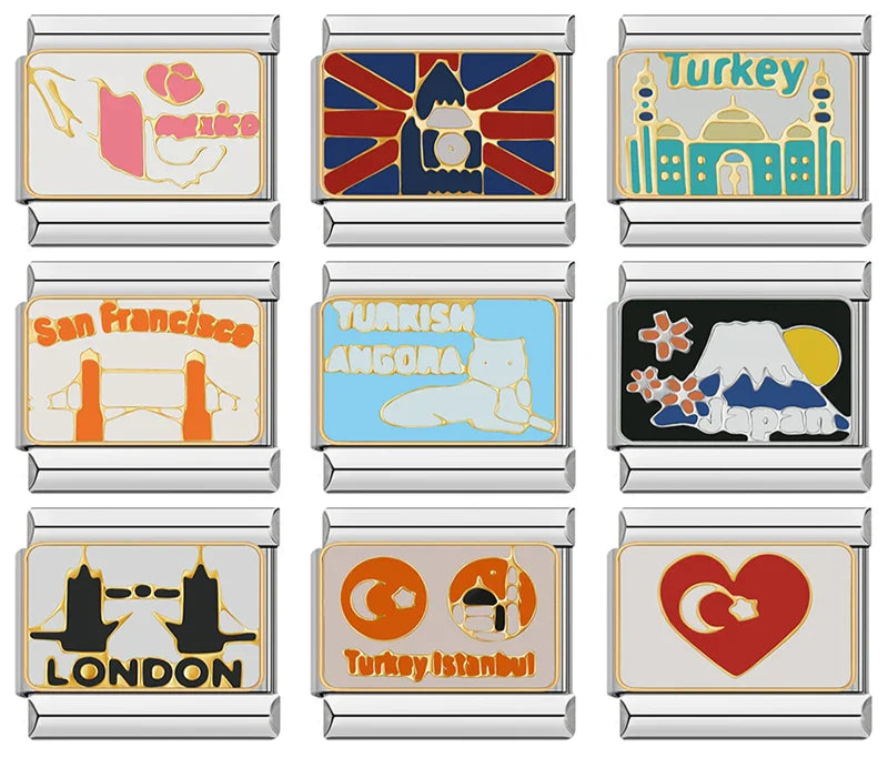 Turkey Mexico London Charms – overview of 9 travel enamel charms: Mexico map, London Union Jack Big Ben, Turkey mosque, San Francisco Tower Bridge, Turkish Angora cat, Japan Mount Fuji, London Tower Bridge, Turkey Istanbul crescent and star, Turkey heart flag, Italian charm bracelet charms by Charmtastic