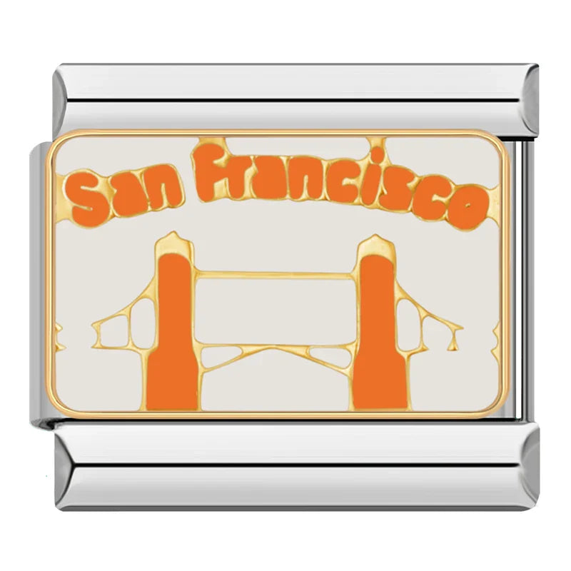Turkey Mexico London Charms – San Francisco word enamel charm with orange Tower Bridge illustration, Italian charm bracelet charm by Charmtastic