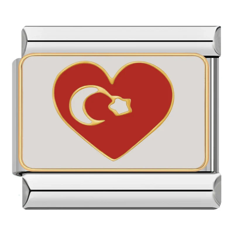 Turkey Mexico London Charms – red heart enamel charm with Turkish crescent moon and star, Italian charm bracelet charm by Charmtastic