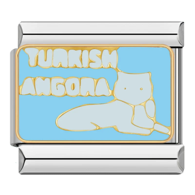 Turkey Mexico London Charms – Turkish Angora word enamel charm with white cat silhouette on blue background, Italian charm bracelet charm by Charmtastic