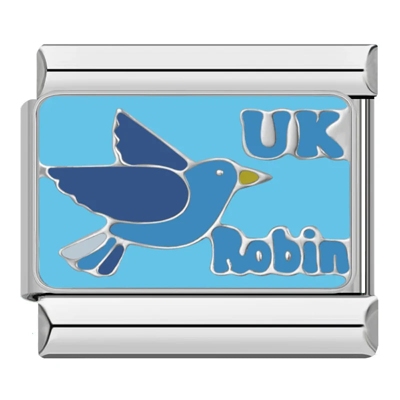 Turkey Mexico London Charms – UK Robin blue bird enamel charm on light blue background, Italian charm bracelet charm by Charmtastic
