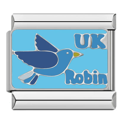 Turkey Mexico London Charms – UK Robin blue bird enamel charm on light blue background, Italian charm bracelet charm by Charmtastic