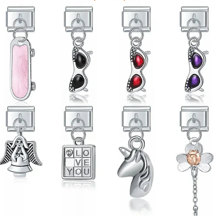 Unicorn Glasses Angle Skateboard charms silver – silver Italian charm set including skateboard, sunglasses, praying angel, LOVE YOU tile, unicorn head, and flower charms, Italian charm bracelet charms by Charmtastic