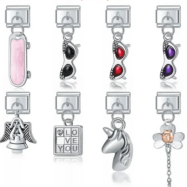 Unicorn Glasses Angle Skateboard charms silver – silver Italian charm set including skateboard, sunglasses, praying angel, LOVE YOU tile, unicorn head, and flower charms, Italian charm bracelet charms by Charmtastic