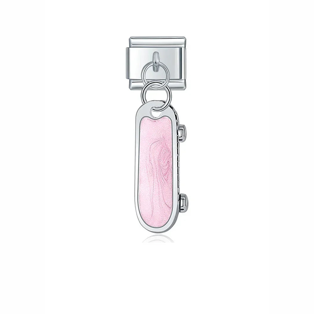 Unicorn Glasses Angle Skateboard charms silver – silver skateboard charm with pink enamel, Italian charm bracelet charm by Charmtastic