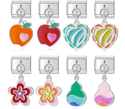 silver Italian charm bracelet link featuring glazed enamel apple, heart, flower, and gourd dangles for personalized modular jewelry.