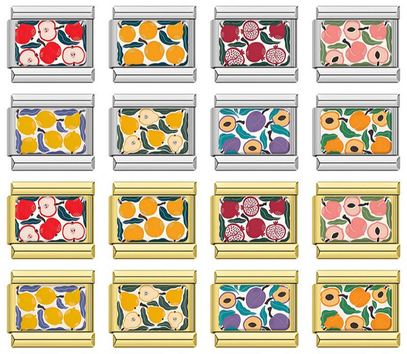 Vibrant Fruit Pattern Charms – overview of 8 fruit pattern enamel charms in silver and gold: apples, oranges, pomegranates, peaches, lemons, pears, figs, and apricots, Italian charm bracelet charms by Charmtastic