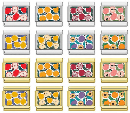Vibrant Fruit Pattern Charms – overview of 8 fruit pattern enamel charms in silver and gold: apples, oranges, pomegranates, peaches, lemons, pears, figs, and apricots, Italian charm bracelet charms by Charmtastic