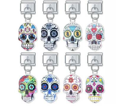 A 9mm silver Italian charm featuring a brightly painted enamel sugar skull dangle. Available in 8 intricate, colorful floral and gothic designs.