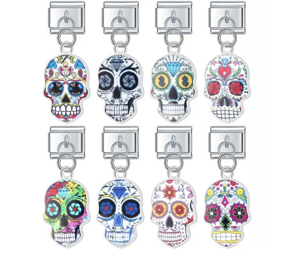 A 9mm silver Italian charm featuring a brightly painted enamel sugar skull dangle. Available in 8 intricate, colorful floral and gothic designs.