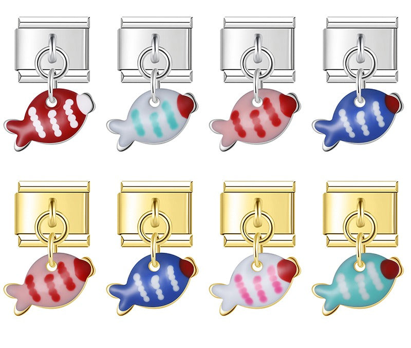 9mm Italian charm bracelet link featuring colorful enamel tropical fish dangles in various striped patterns with silver and gold hardware finishes.