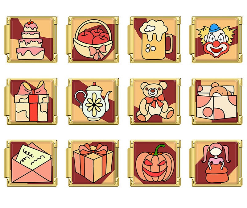 Vintage Warm Themed Cake Gift Pumpkin Girl Bear Gold – vintage themed charms collection (birthday cake, apple basket, beer mug, clown, gift box, teapot, teddy bear, bear in envelope, letter, wrapped gift, pumpkin, girl figure), Italian charm bracelet charms by Charmtastic