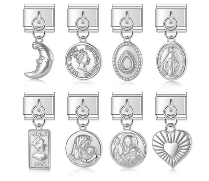 9mm silver Italian charm bracelet links featuring a crescent moon face, Queen Elizabeth coins and stamps, religious Virgin Mary medallions, and a sunburst heart.