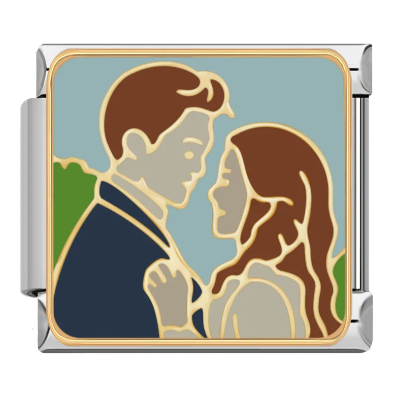 Vintage Pop Art Moments & Pets Italian Charms Friend Lovers – couple in profile portrait facing each other closely, enamel charm, Italian charm bracelet charm by Charmtastic