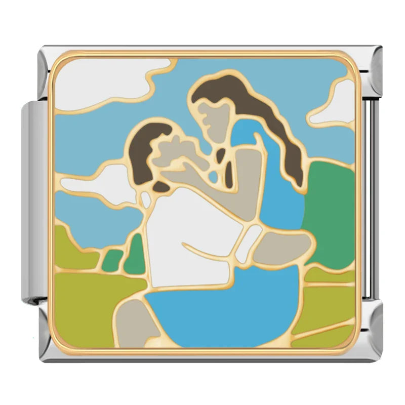 Vintage Pop Art Moments & Pets Italian Charms Friend Lovers – figure kneeling being kissed on the forehead, blue sky and green hills enamel charm, Italian charm bracelet charm by Charmtastic