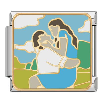 Vintage Pop Art Moments & Pets Italian Charms Friend Lovers – figure kneeling being kissed on the forehead, blue sky and green hills enamel charm, Italian charm bracelet charm by Charmtastic