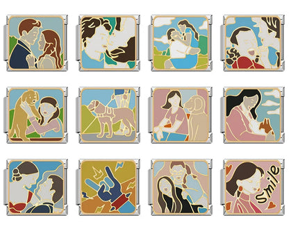 Vintage Pop Art Moments & Pets Italian Charms Friend Lovers – overview of 12 pop-art style enamel charms depicting couples, family moments, and pets, Italian charm bracelet charms by Charmtastic
