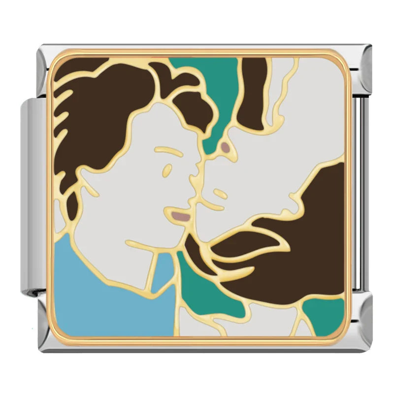 Vintage Pop Art Moments & Pets Italian Charms Friend Lovers – pop-art style profile kiss in brown, teal and cream enamel charm, Italian charm bracelet charm by Charmtastic