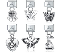 Vintage Silver Friendship & Animal Dangle Italian Charms — Butterfly, Bunny, Paw & Friends Heart Links