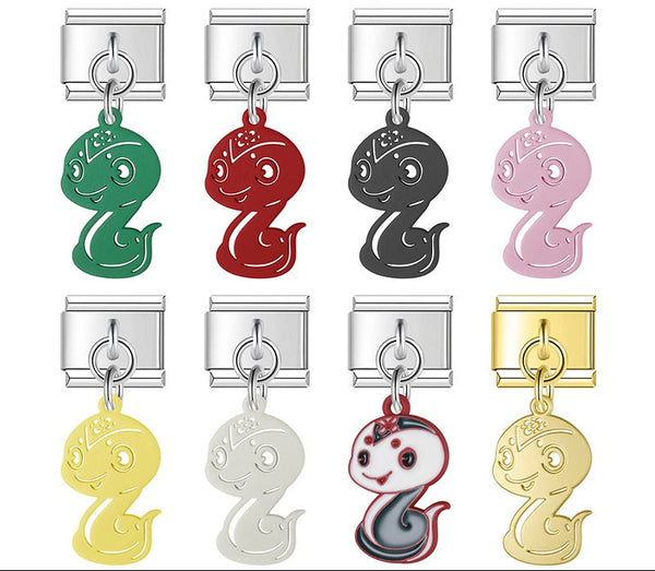 A 9mm Italian charm featuring a stylized snake dangle. Available in black, green, red, pink, yellow, white, multi-color, and solid gold.