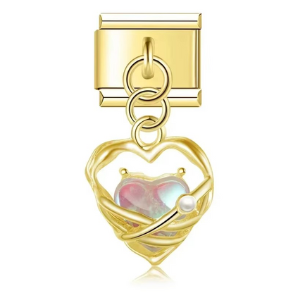 Pearl Heart & Flower Dangle Italian Charms — Mother of Pearl Pendant Bracelet Links