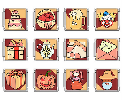 A set of 12 whimsical Italian charms on silver 9mm modular links featuring illustrations of a tiered cake, pumpkin, teapot, and celebration gifts - CharmtastiC