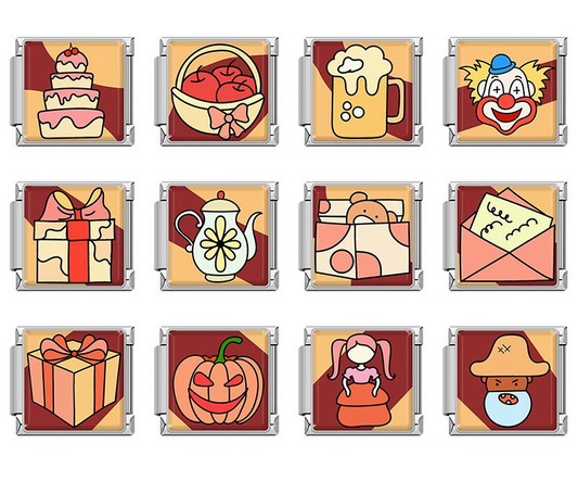 A set of 12 whimsical Italian charms on silver 9mm modular links featuring illustrations of a tiered cake, pumpkin, teapot, and celebration gifts - CharmtastiC