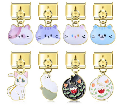 9mm gold Italian charm bracelet link featuring whimsical enamel cat dangles with floral and crescent moon motifs for personalized modular jewelry.