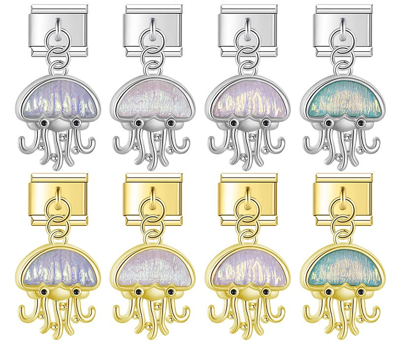 A collection of 8 dangle Italian charms on silver and gold 9mm modular links featuring jellyfish with tentacles and glowing iridescent dome tops in purple, white, pink, and teal - Charmtastic