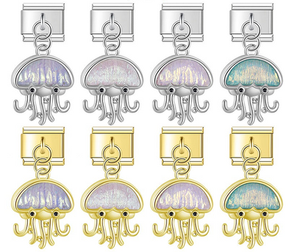 A collection of 8 dangle Italian charms on silver and gold 9mm modular links featuring jellyfish with tentacles and glowing iridescent dome tops in purple, white, pink, and teal - Charmtastic