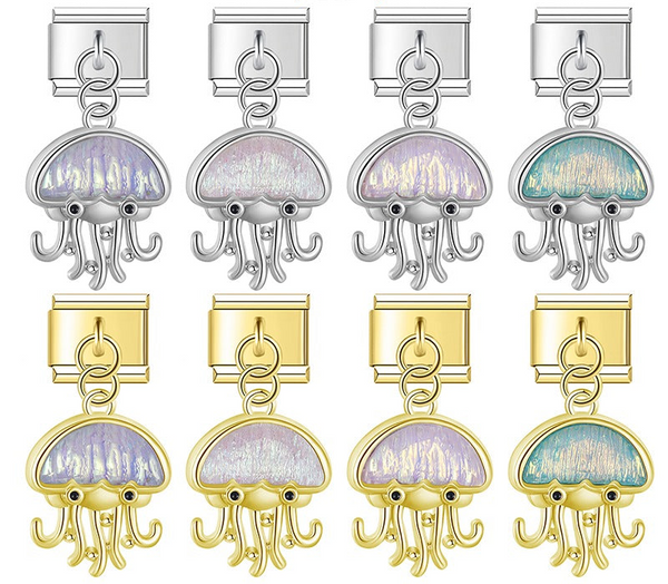 A collection of 8 dangle Italian charms on silver and gold 9mm modular links featuring jellyfish with tentacles and glowing iridescent dome tops in purple, white, pink, and teal - Charmtastic