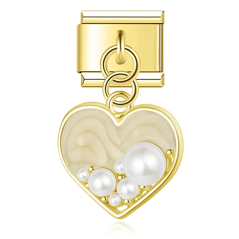 White pearl marble heart dangle gold Italian charm, by Charmtastic