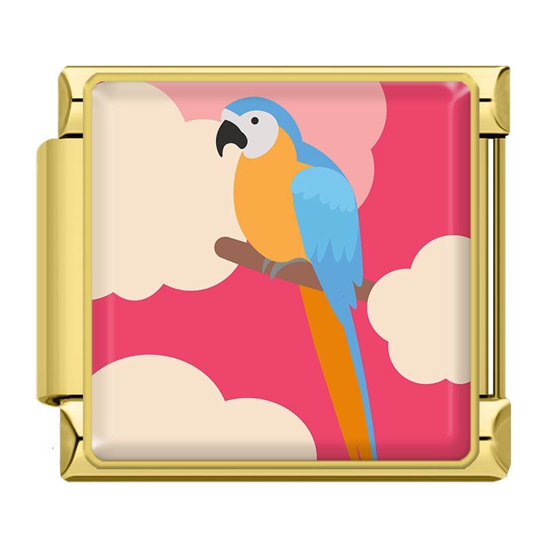 Wild Animal and Safari Wildlife Italian Charms – gold-framed blue and orange macaw parrot on a branch with pink cloudy background enamel charm, Italian charm bracelet charm by Charmtastic
