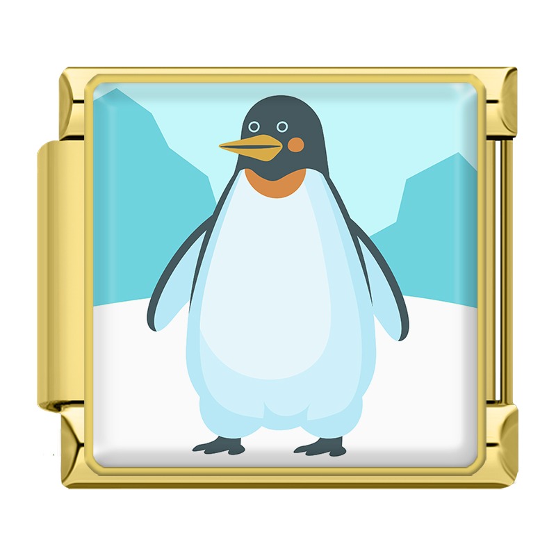 Wild Animal and Safari Wildlife Italian Charms – gold-framed penguin standing on ice with mountains enamel charm, Italian charm bracelet charm by Charmtastic